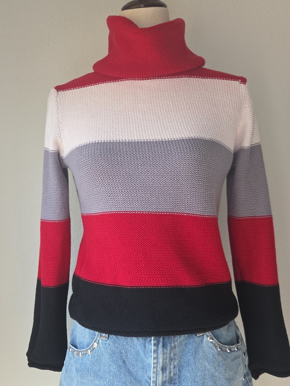 Women's Red, White & Gray Striped Turtleneck Sweater
